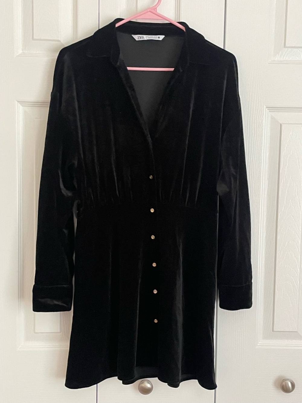 Zara Black Velvet Long-Sleeve Button Dress